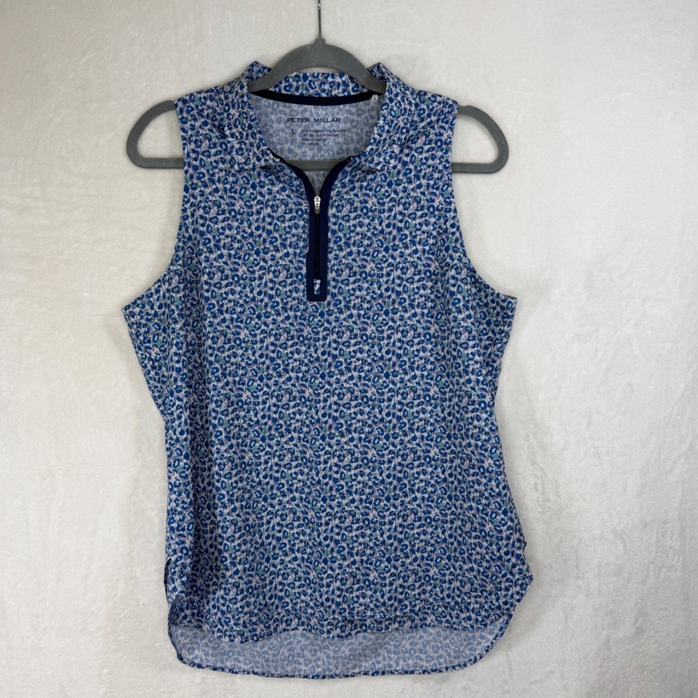 Peter Millar Polo Shirt Womens Large Blue Floral Sleeveless Quarter Zip Golf Top
